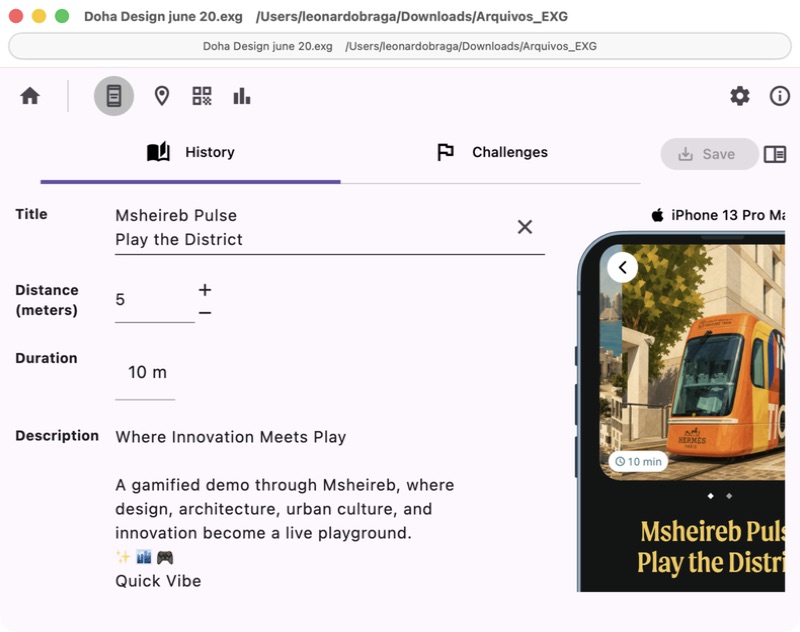 CREXGA editor showing the Msheireb Pulse story and its mobile preview